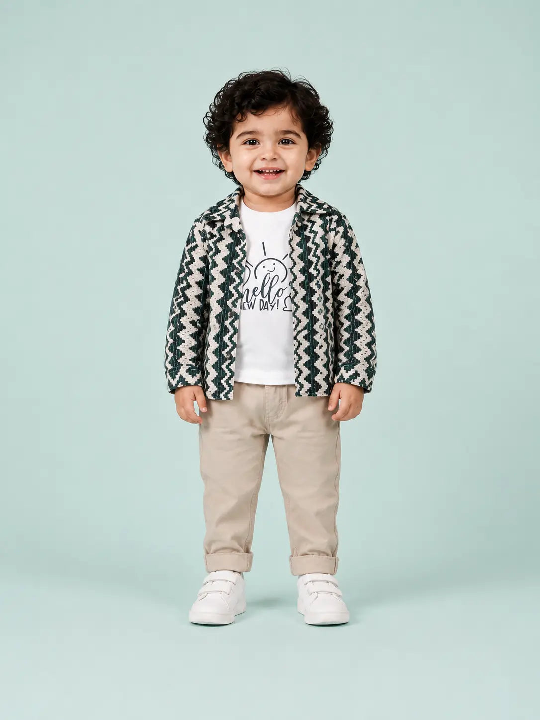BloomUp Green Zigzag Print Jacket, White Graphic T-Shirt & Beige Pant Set for Kids – Smart Casual 3-Piece Outfit for Boys & Girls