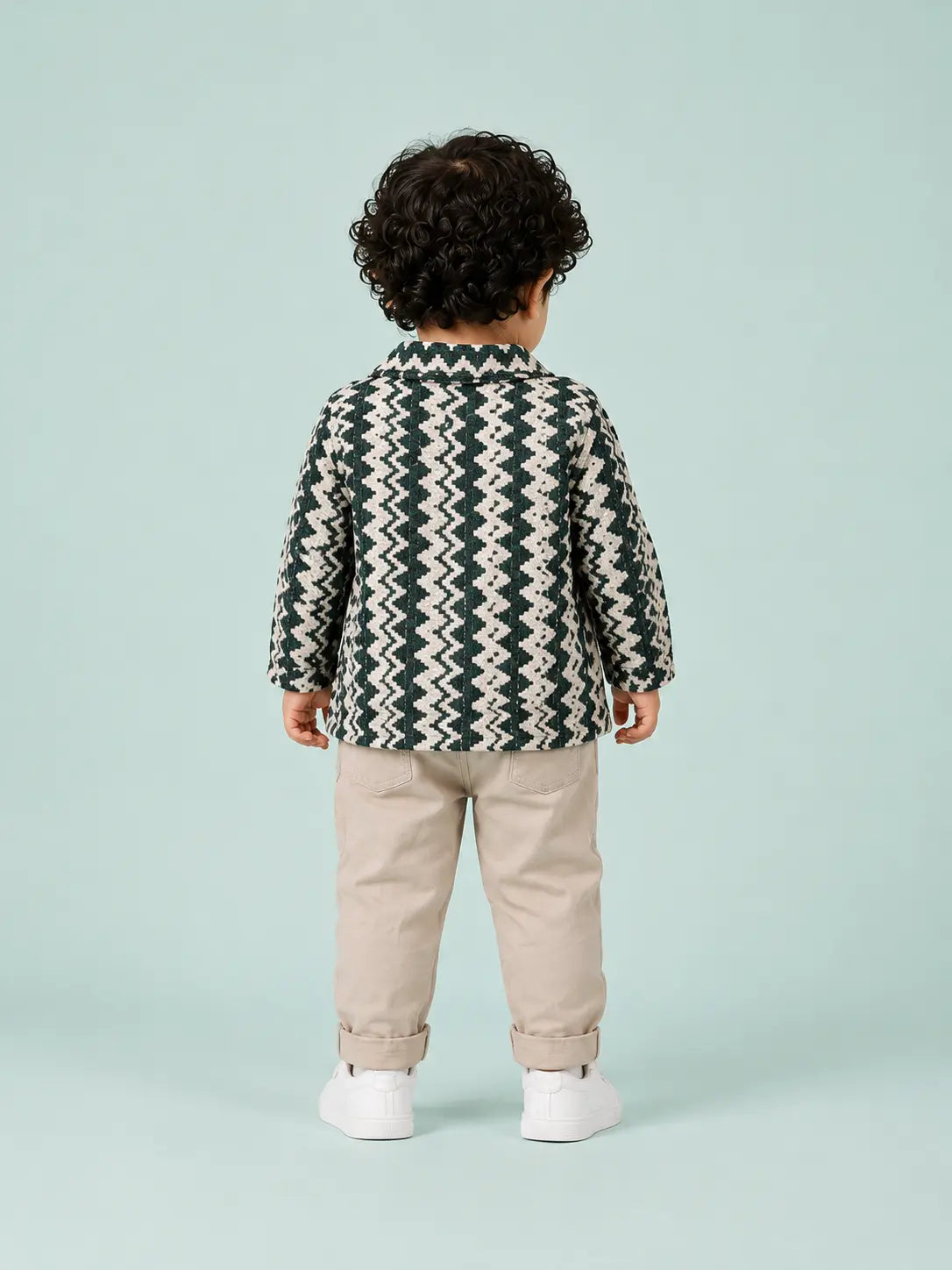 BloomUp Green Zigzag Print Jacket, White Graphic T-Shirt & Beige Pant Set for Kids – Smart Casual 3-Piece Outfit for Boys & Girls
