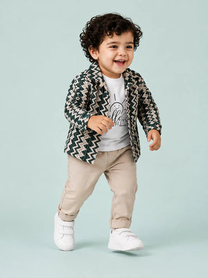 BloomUp Green Zigzag Print Jacket, White Graphic T-Shirt & Beige Pant Set for Kids – Smart Casual 3-Piece Outfit for Boys & Girls