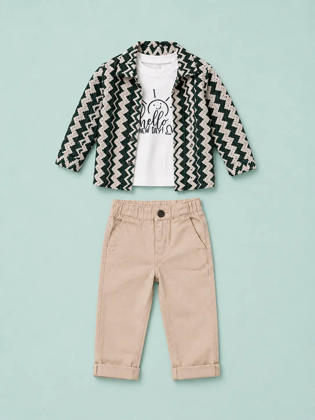BloomUp Green Zigzag Print Jacket, White Graphic T-Shirt & Beige Pant Set for Kids – Smart Casual 3-Piece Outfit for Boys & Girls