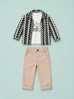 BloomUp Green Zigzag Print Jacket, White Graphic T-Shirt & Beige Pant Set for Kids – Smart Casual 3-Piece Outfit for Boys & Girls