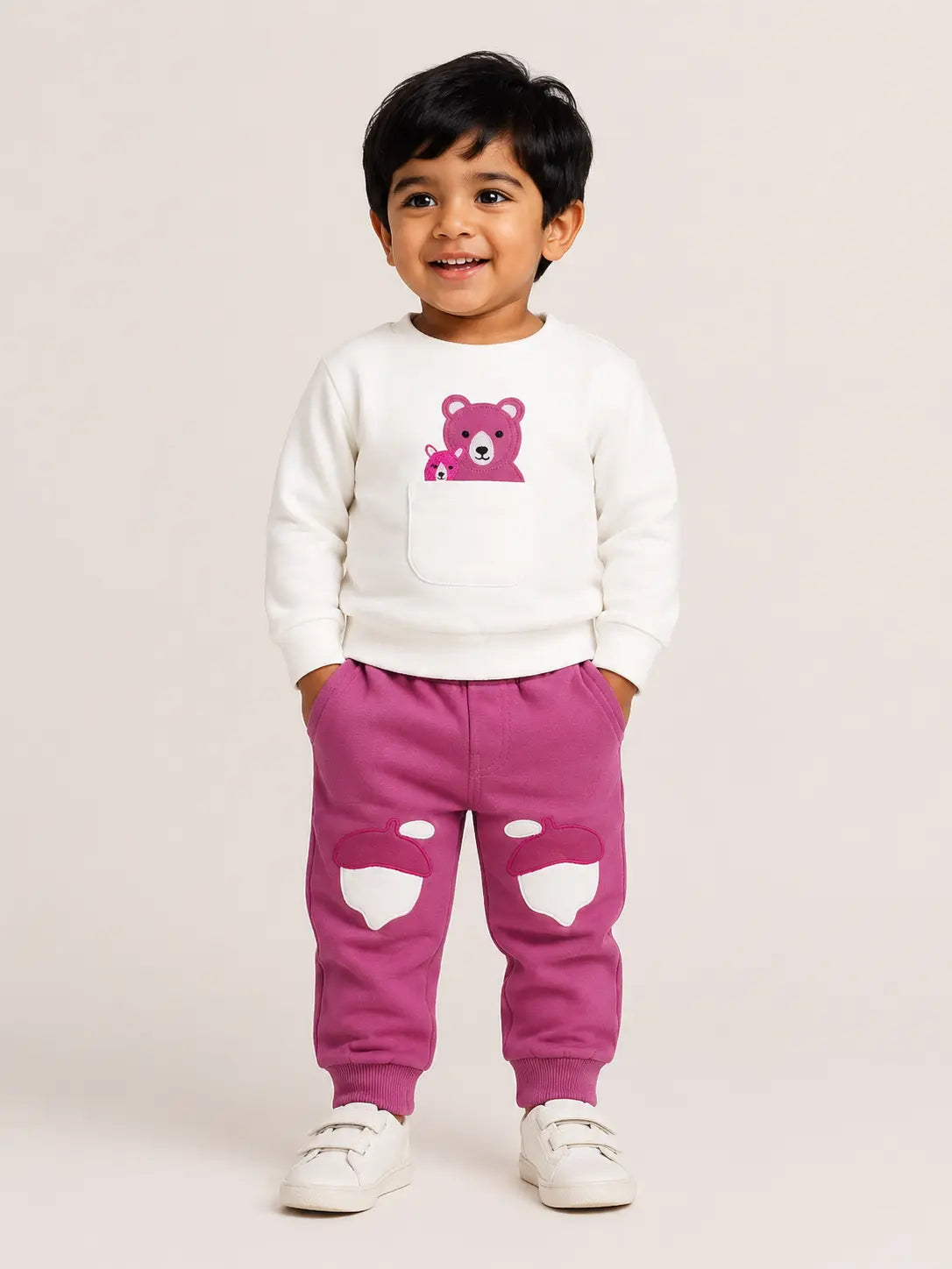 White & Magenta Bear Graphic Sweatshirt Set for Kids – Soft Cotton Co-ord Winter Wear Outfit