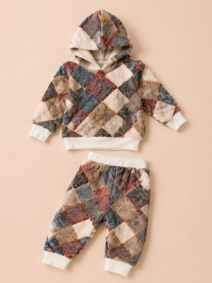 Patchwork Print Hooded Sweatshirt & Joggers Set for Toddlers – Cozy & Stylish Boys/Girls Outfit BloomUp