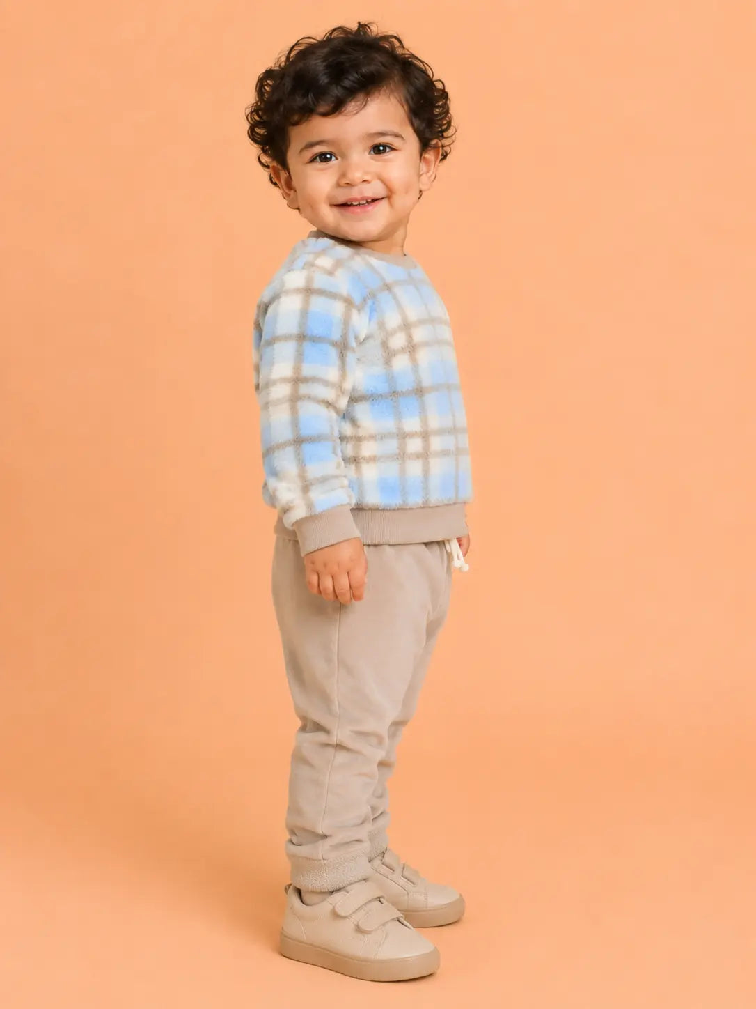 BloomUp Pastel Blue Checked Plush Fleece Co-ord Set for Kids – Soft Winter Sweatshirt & Beige Jogger Pants Outfit