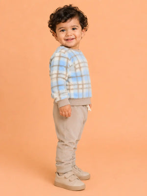 BloomUp Pastel Blue Checked Plush Fleece Co-ord Set for Kids – Soft Winter Sweatshirt & Beige Jogger Pants Outfit