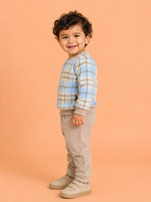 BloomUp Pastel Blue Checked Plush Fleece Co-ord Set for Kids – Soft Winter Sweatshirt & Beige Jogger Pants Outfit