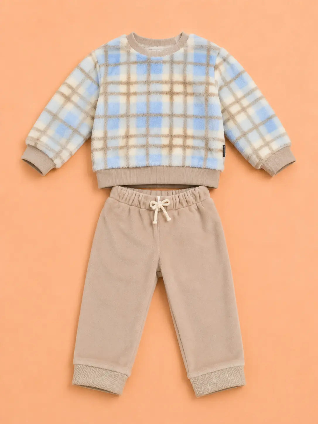 BloomUp Pastel Blue Checked Plush Fleece Co-ord Set for Kids – Soft Winter Sweatshirt & Beige Jogger Pants Outfit