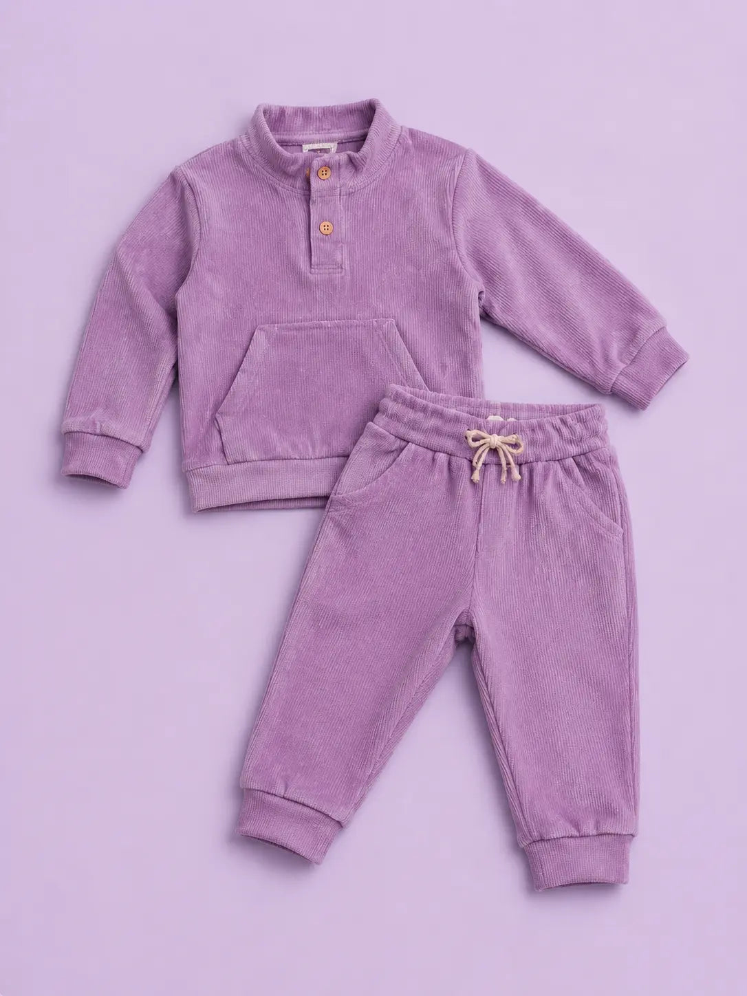 BloomUp Lavender Corduroy Co-ord Set for Baby Boys – Soft Henley Sweatshirt & Jogger Pants Set