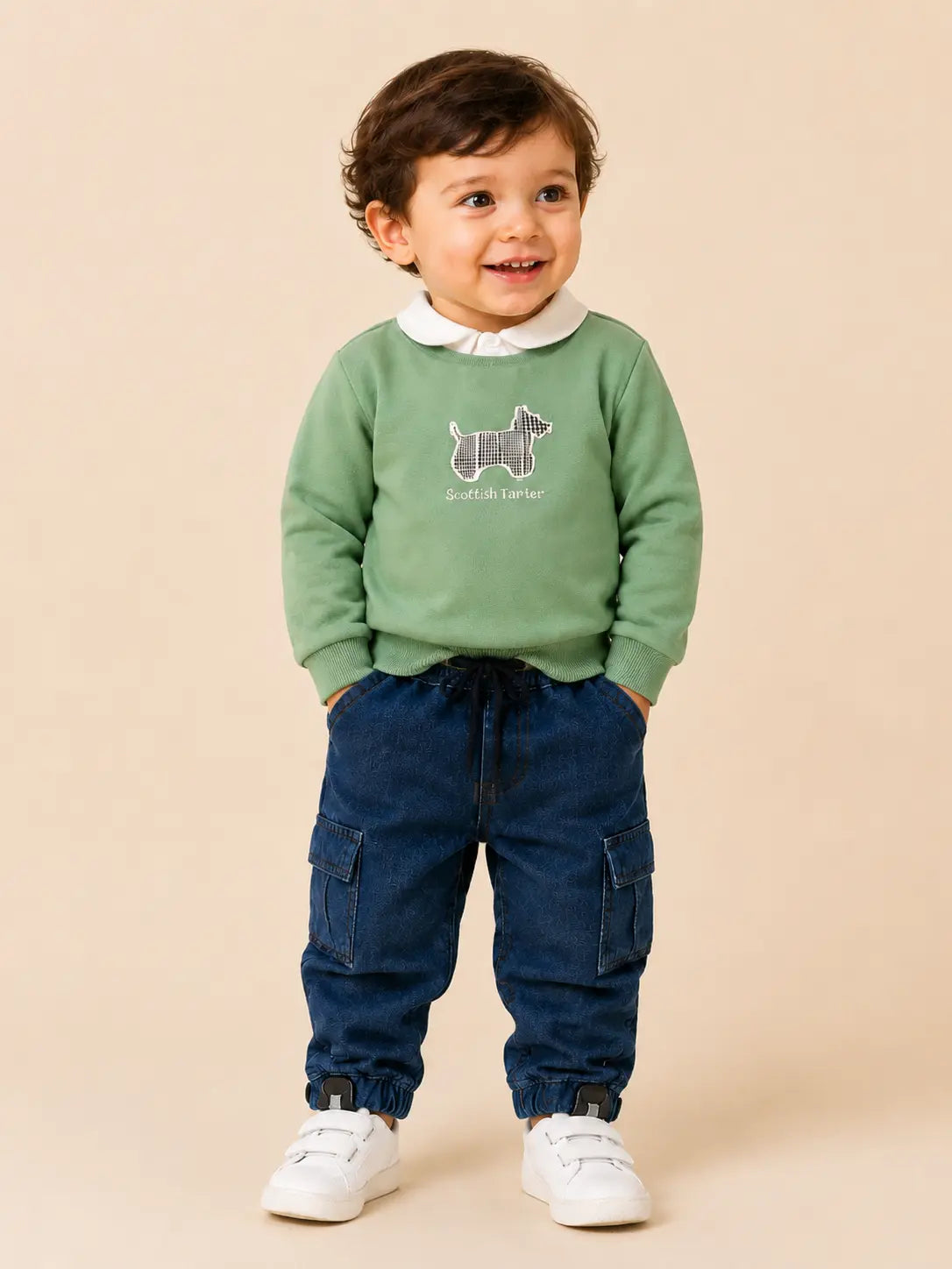 BloomUp Olive Green Scottish Terrier Collared Sweatshirt & Denim Cargo Pants Set for Boys – Soft Fleece Kids Co-ord Outfit
