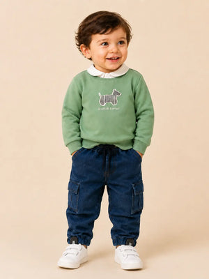 BloomUp Olive Green Scottish Terrier Collared Sweatshirt & Denim Cargo Pants Set for Boys – Soft Fleece Kids Co-ord Outfit
