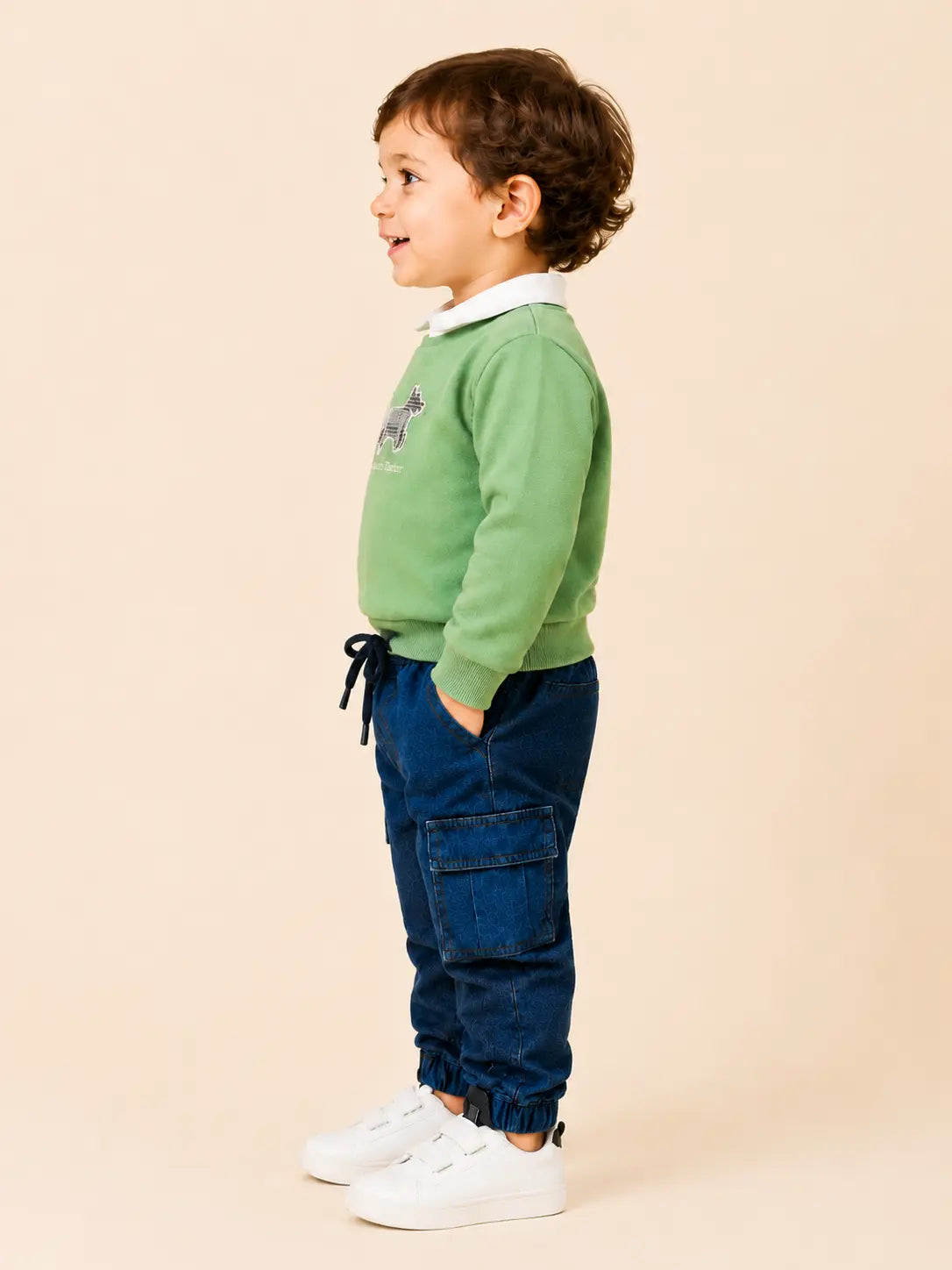 BloomUp Olive Green Scottish Terrier Collared Sweatshirt & Denim Cargo Pants Set for Boys – Soft Fleece Kids Co-ord Outfit