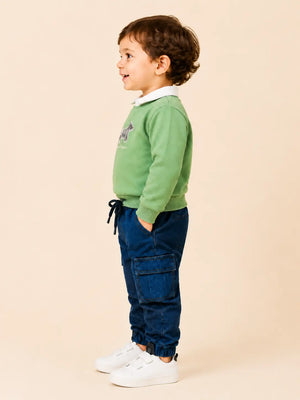 BloomUp Olive Green Scottish Terrier Collared Sweatshirt & Denim Cargo Pants Set for Boys – Soft Fleece Kids Co-ord Outfit