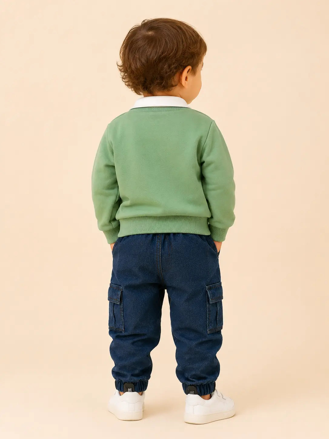 BloomUp Olive Green Scottish Terrier Collared Sweatshirt & Denim Cargo Pants Set for Boys – Soft Fleece Kids Co-ord Outfit