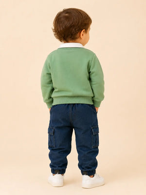 BloomUp Olive Green Scottish Terrier Collared Sweatshirt & Denim Cargo Pants Set for Boys – Soft Fleece Kids Co-ord Outfit