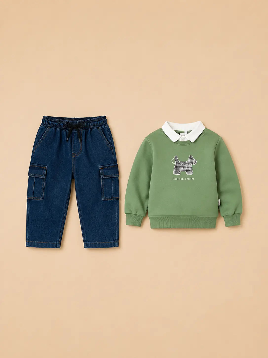 BloomUp Olive Green Scottish Terrier Collared Sweatshirt & Denim Cargo Pants Set for Boys – Soft Fleece Kids Co-ord Outfit