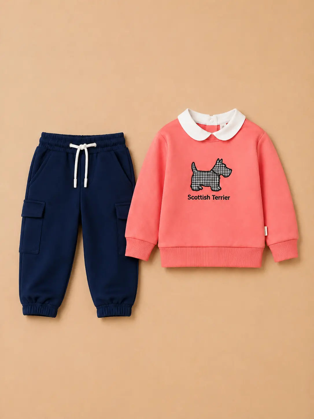 BloomUp Coral Pink Scottish Terrier Sweatshirt & Navy Cargo Jogger Set for Kids – Soft Fleece Winter Co-ord Outfit