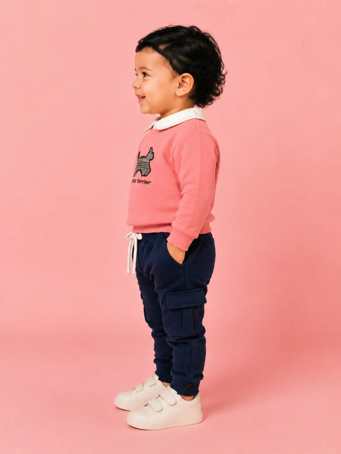 BloomUp Coral Pink Scottish Terrier Sweatshirt & Navy Cargo Jogger Set for Kids – Soft Fleece Winter Co-ord Outfit
