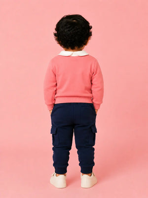 BloomUp Coral Pink Scottish Terrier Sweatshirt & Navy Cargo Jogger Set for Kids – Soft Fleece Winter Co-ord Outfit