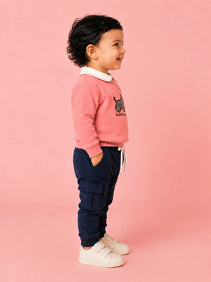BloomUp Coral Pink Scottish Terrier Sweatshirt & Navy Cargo Jogger Set for Kids – Soft Fleece Winter Co-ord Outfit