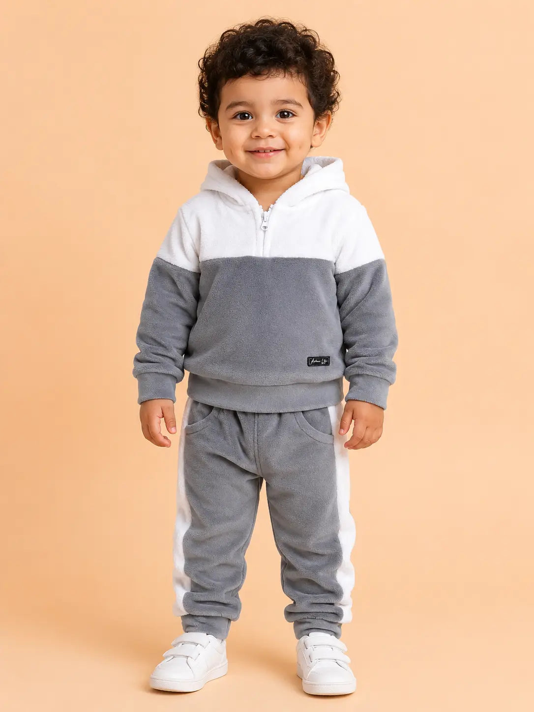 BloomUp Grey & White Fleece Hooded Co-ord Set for Baby Boys – Soft Winter Hoodie & Jogger Pants Set