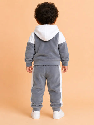 BloomUp Grey & White Fleece Hooded Co-ord Set for Baby Boys – Soft Winter Hoodie & Jogger Pants Set