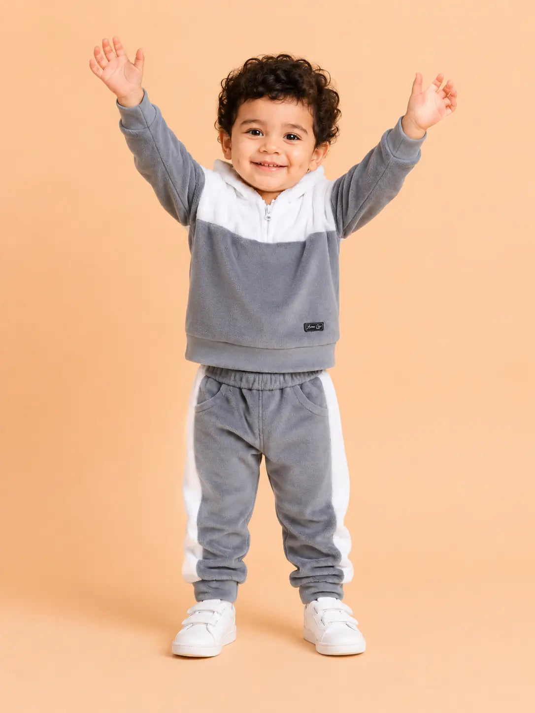 BloomUp Grey & White Fleece Hooded Co-ord Set for Baby Boys – Soft Winter Hoodie & Jogger Pants Set