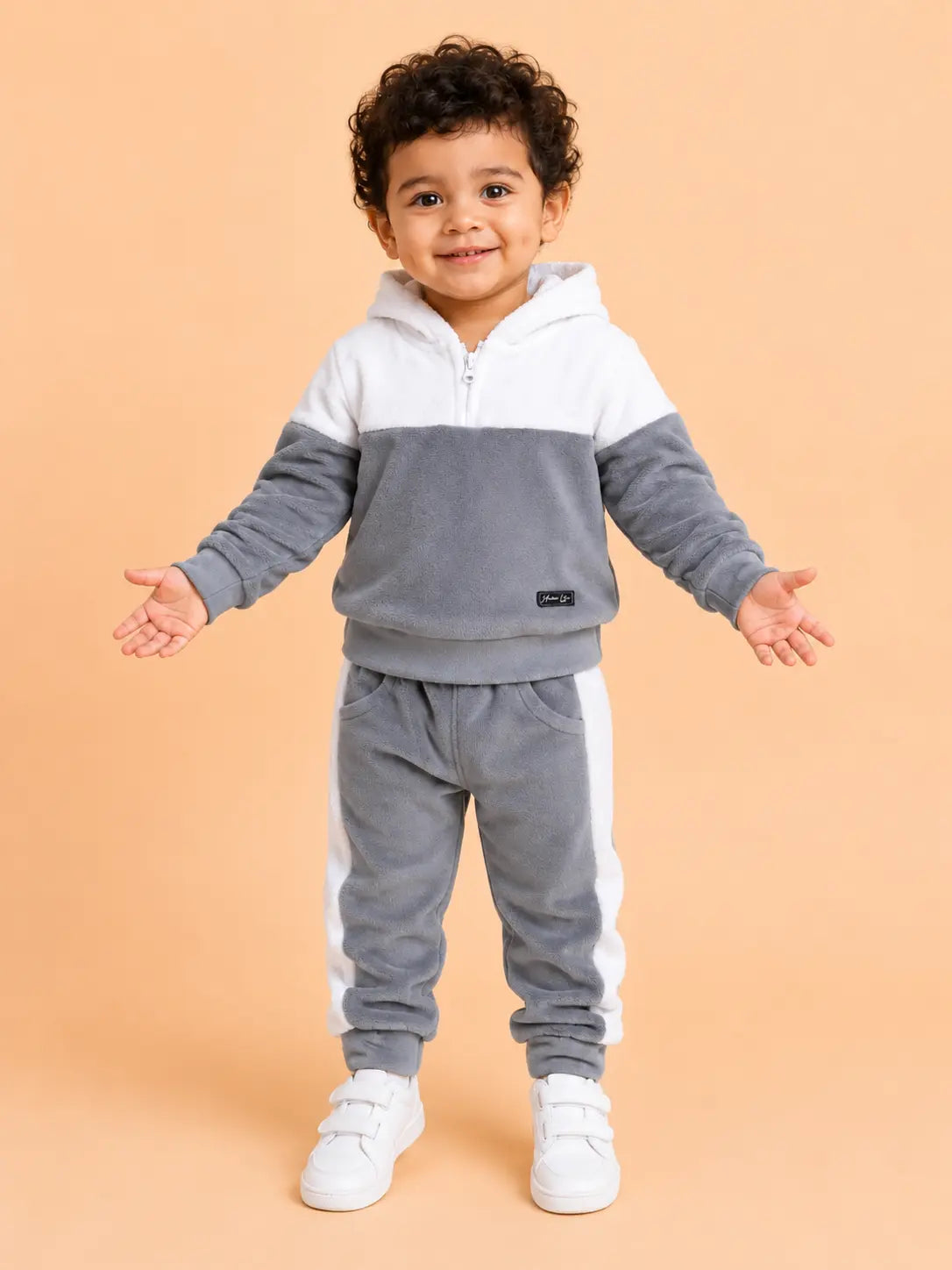 BloomUp Grey & White Fleece Hooded Co-ord Set for Baby Boys – Soft Winter Hoodie & Jogger Pants Set