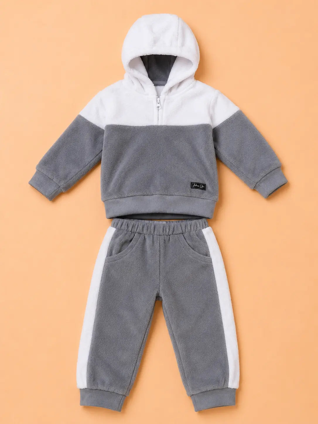 BloomUp Grey & White Fleece Hooded Co-ord Set for Baby Boys – Soft Winter Hoodie & Jogger Pants Set