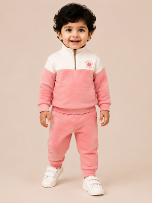 Pink & Ivory Fleece Co-ord Set for Girls – Half Zip Sweatshirt & Jogger Pants Set BloomUp