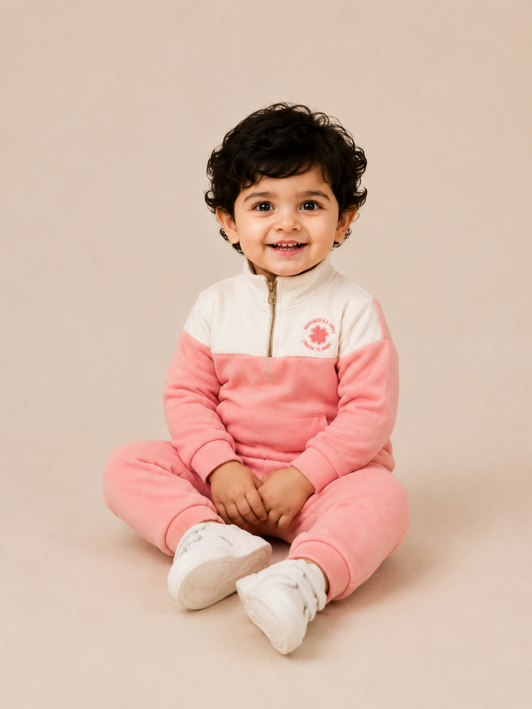 Pink & Ivory Fleece Co-ord Set for Girls – Half Zip Sweatshirt & Jogger Pants Set BloomUp