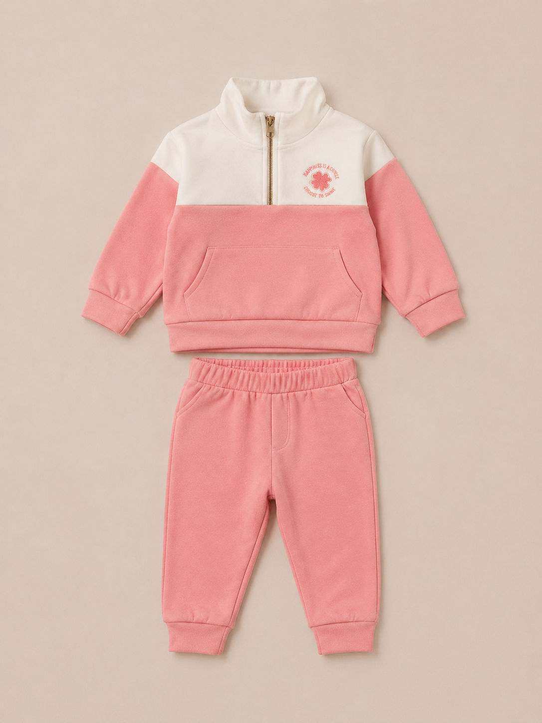 Pink & Ivory Fleece Co-ord Set for Girls – Half Zip Sweatshirt & Jogger Pants Set BloomUp