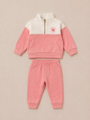 Pink & Ivory Fleece Co-ord Set for Girls – Half Zip Sweatshirt & Jogger Pants Set BloomUp