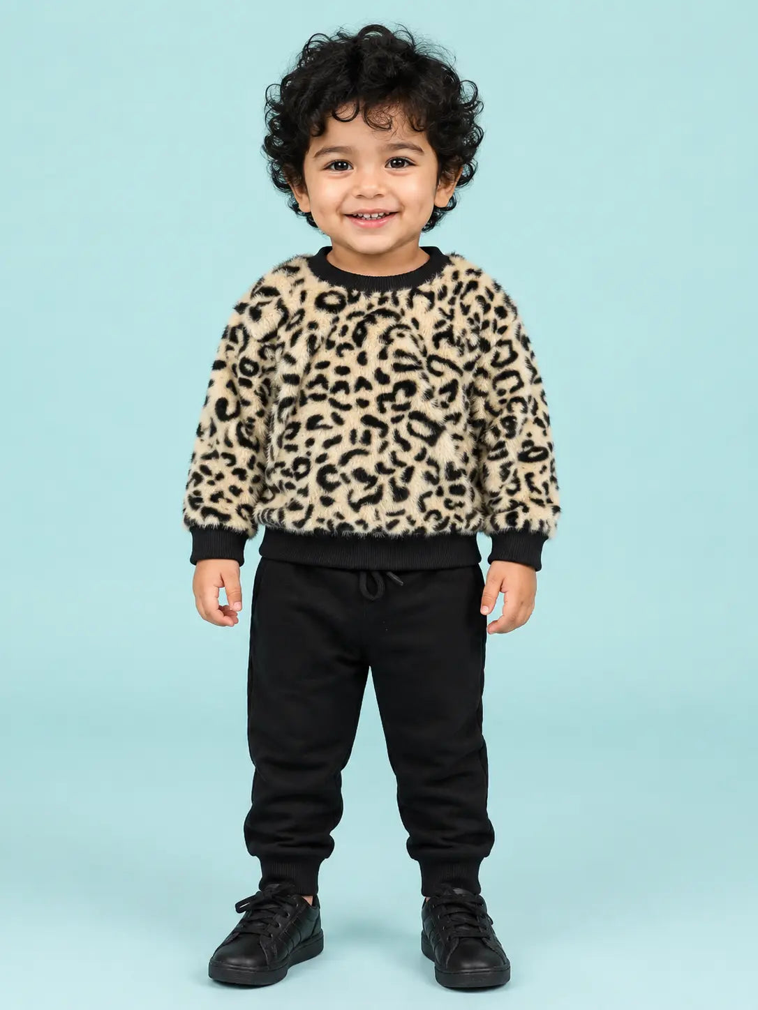 BloomUp Beige Leopard Print Fleece Co-ord Set for Kids – Soft Winter Sweatshirt & Black Jogger Pants