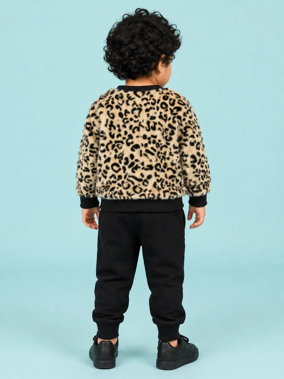BloomUp Beige Leopard Print Fleece Co-ord Set for Kids – Soft Winter Sweatshirt & Black Jogger Pants
