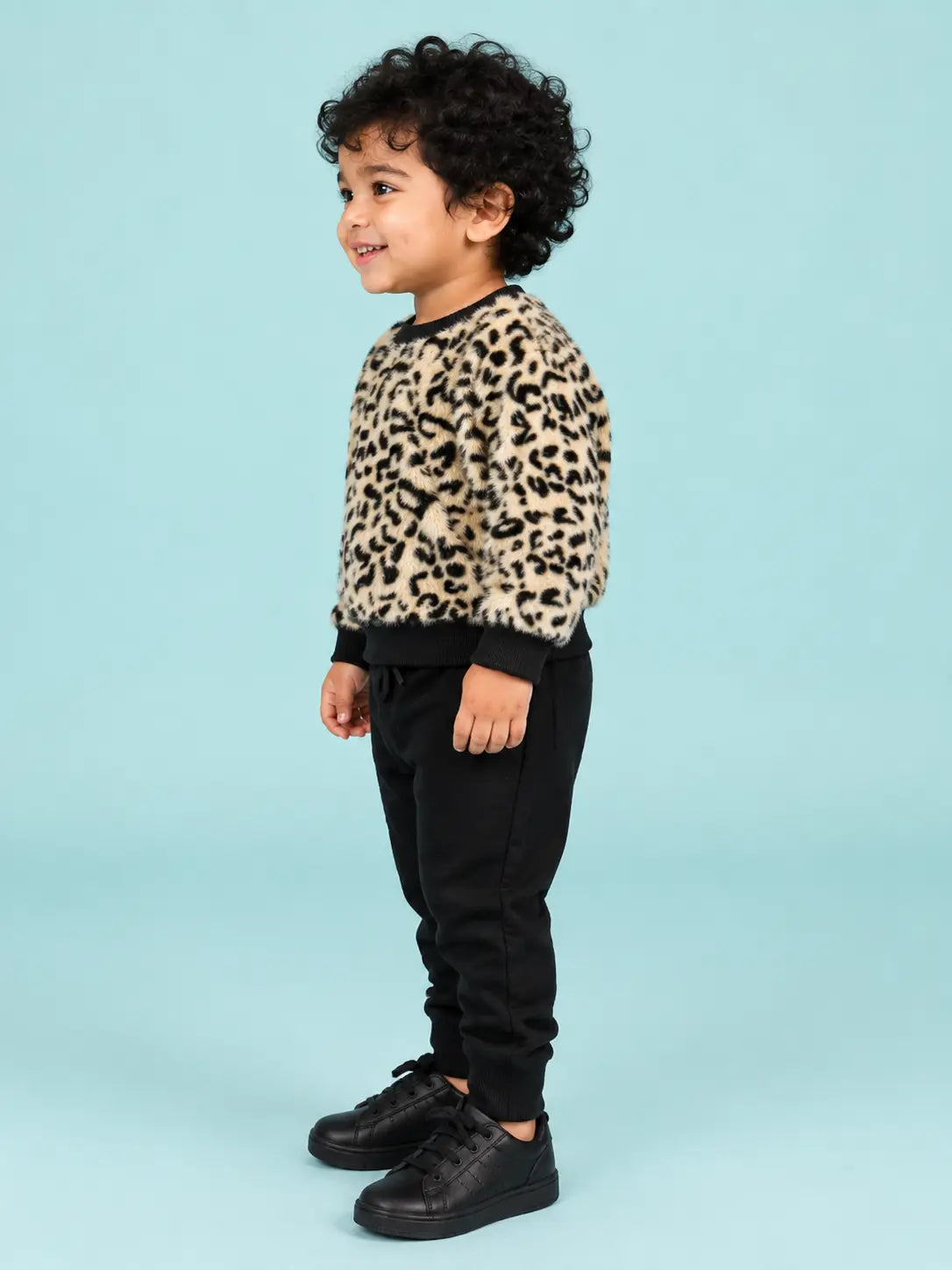 BloomUp Beige Leopard Print Fleece Co-ord Set for Kids – Soft Winter Sweatshirt & Black Jogger Pants