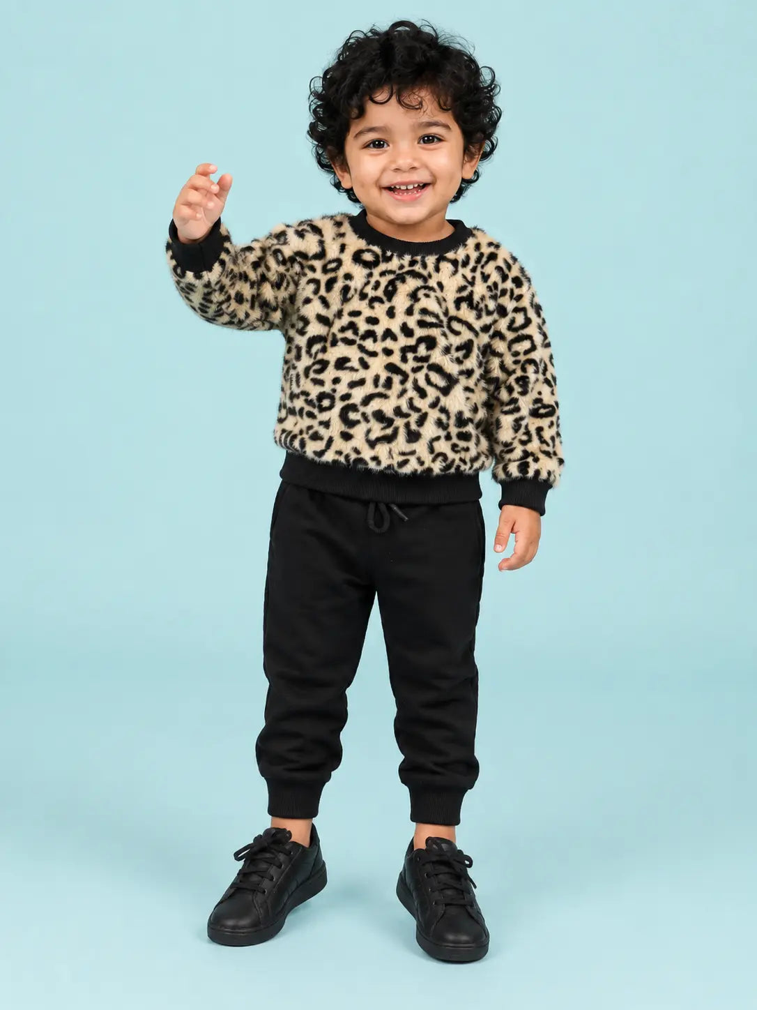 BloomUp Beige Leopard Print Fleece Co-ord Set for Kids – Soft Winter Sweatshirt & Black Jogger Pants