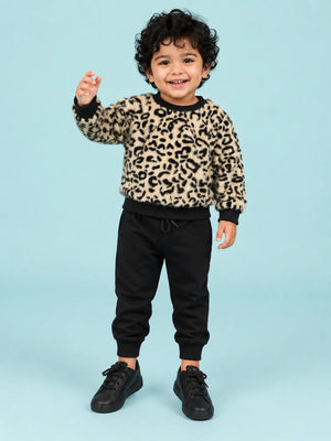 BloomUp Beige Leopard Print Fleece Co-ord Set for Kids – Soft Winter Sweatshirt & Black Jogger Pants