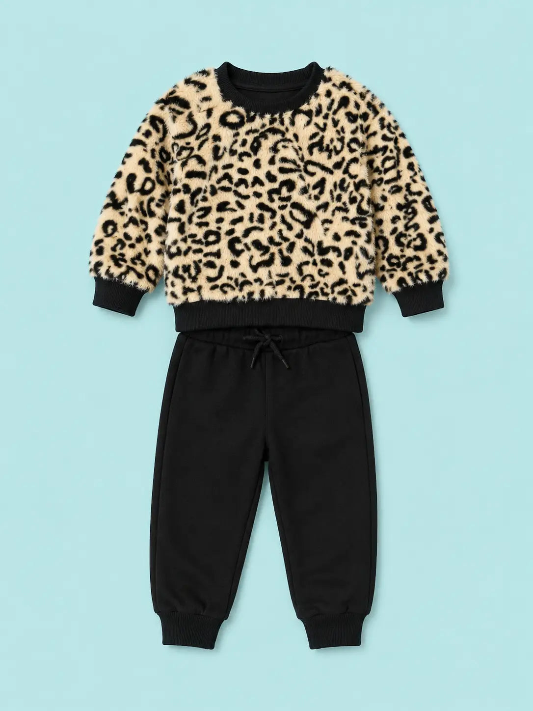 BloomUp Beige Leopard Print Fleece Co-ord Set for Kids – Soft Winter Sweatshirt & Black Jogger Pants