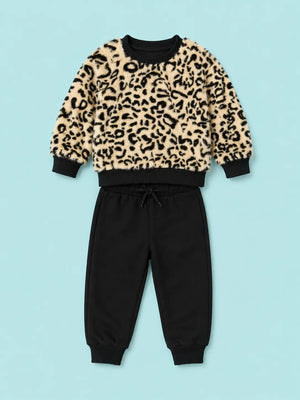 BloomUp Beige Leopard Print Fleece Co-ord Set for Kids – Soft Winter Sweatshirt & Black Jogger Pants