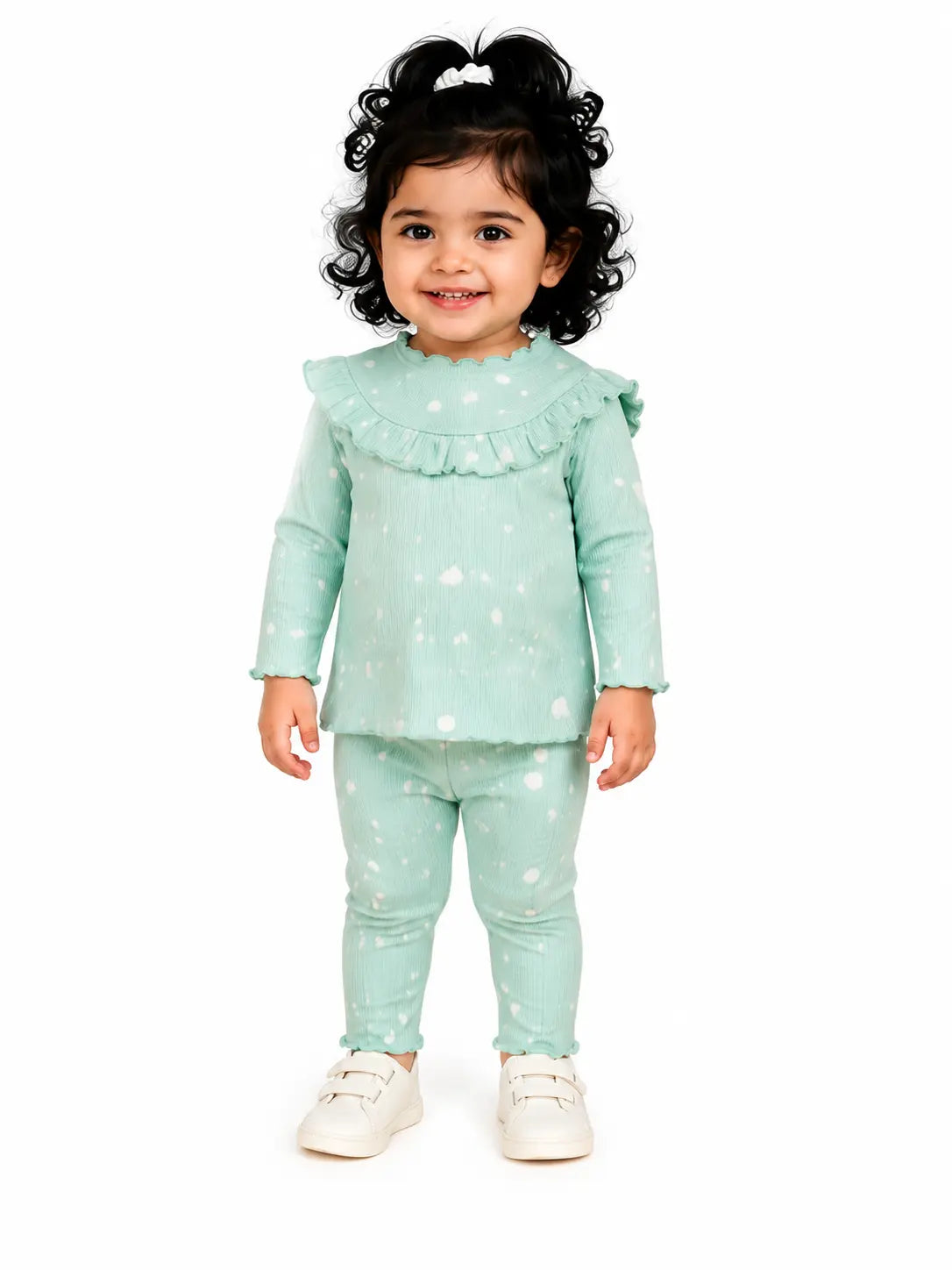 BloomUp Mint Green White Splatter Print Ribbed Ruffle Top & Leggings Set for Girls – Soft Cotton Blend Baby Co-ord Outfit