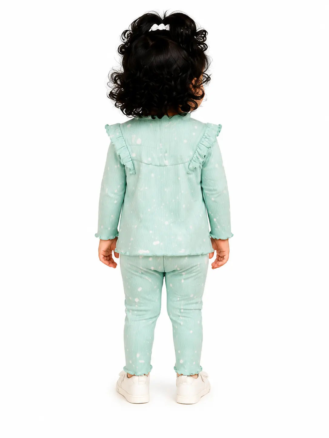 BloomUp Mint Green White Splatter Print Ribbed Ruffle Top & Leggings Set for Girls – Soft Cotton Blend Baby Co-ord Outfit