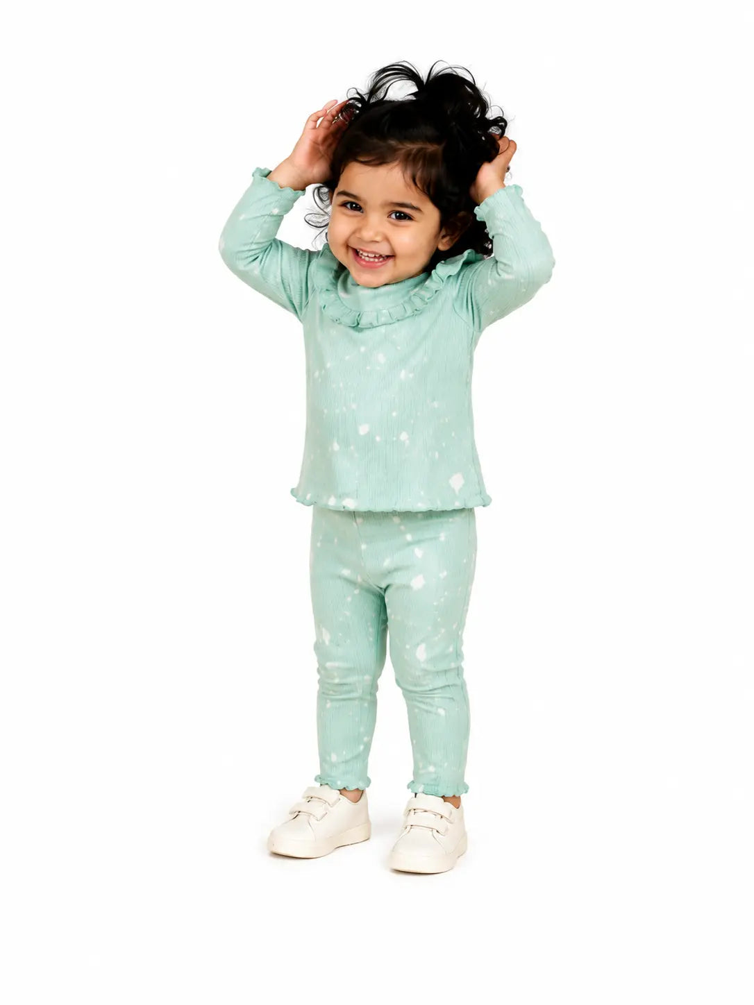 BloomUp Mint Green White Splatter Print Ribbed Ruffle Top & Leggings Set for Girls – Soft Cotton Blend Baby Co-ord Outfit