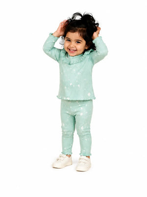 BloomUp Mint Green White Splatter Print Ribbed Ruffle Top & Leggings Set for Girls – Soft Cotton Blend Baby Co-ord Outfit