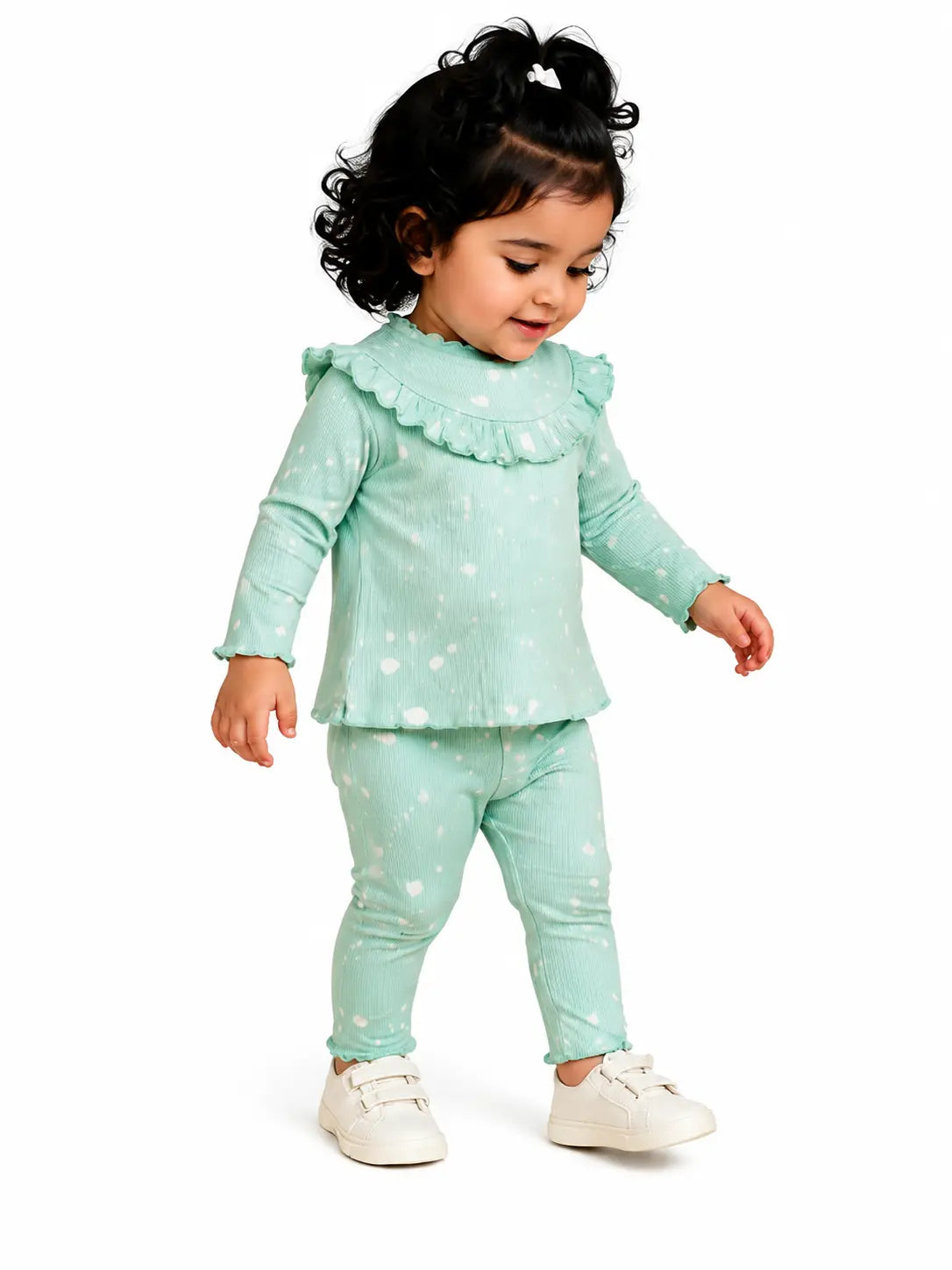 BloomUp Mint Green White Splatter Print Ribbed Ruffle Top & Leggings Set for Girls – Soft Cotton Blend Baby Co-ord Outfit