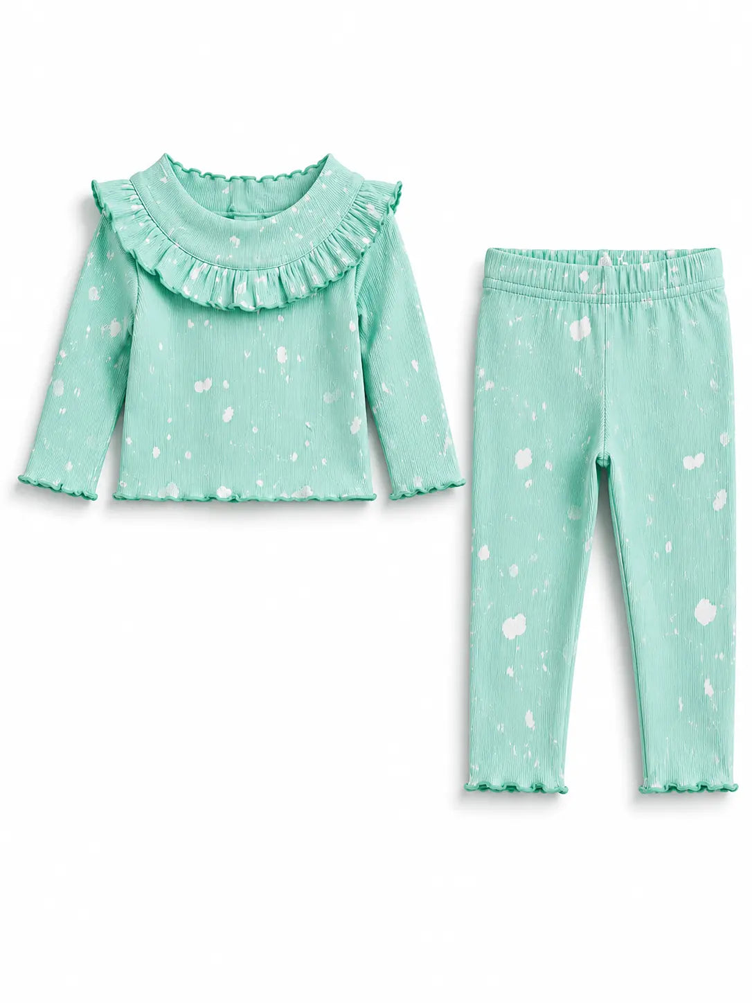 BloomUp Mint Green White Splatter Print Ribbed Ruffle Top & Leggings Set for Girls – Soft Cotton Blend Baby Co-ord Outfit