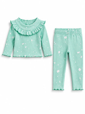 BloomUp Mint Green White Splatter Print Ribbed Ruffle Top & Leggings Set for Girls – Soft Cotton Blend Baby Co-ord Outfit