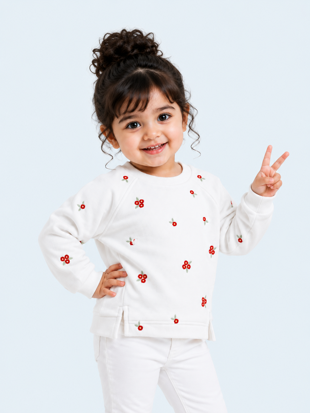 White Floral Embroidered Sweatshirt for Girls – Soft Cotton Fleece Winter Pullover BloomUp