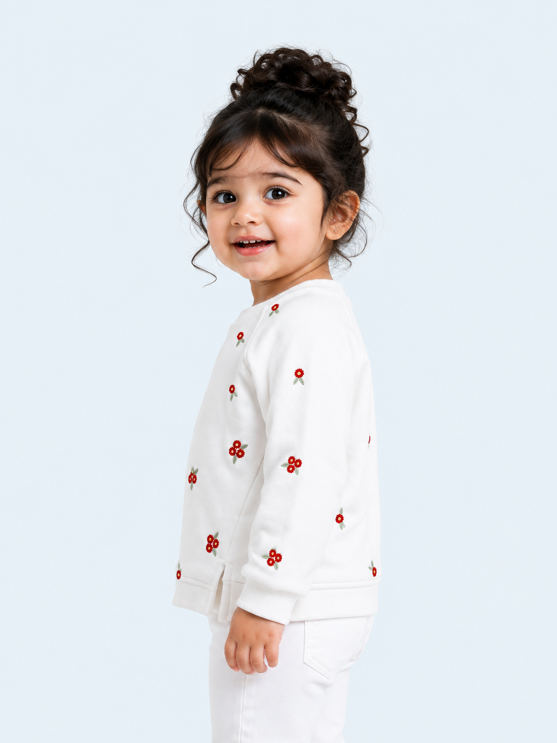 White Floral Embroidered Sweatshirt for Girls – Soft Cotton Fleece Winter Pullover BloomUp