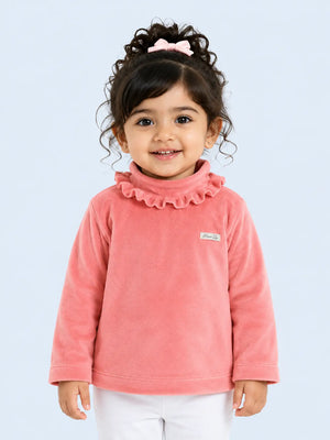 BloomUp Peach Textured Ruffle Neck Top for Girls – Soft Kids High Neck Winter Wear Top