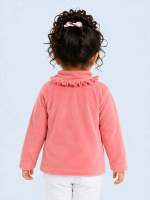 BloomUp Peach Textured Ruffle Neck Top for Girls – Soft Kids High Neck Winter Wear Top